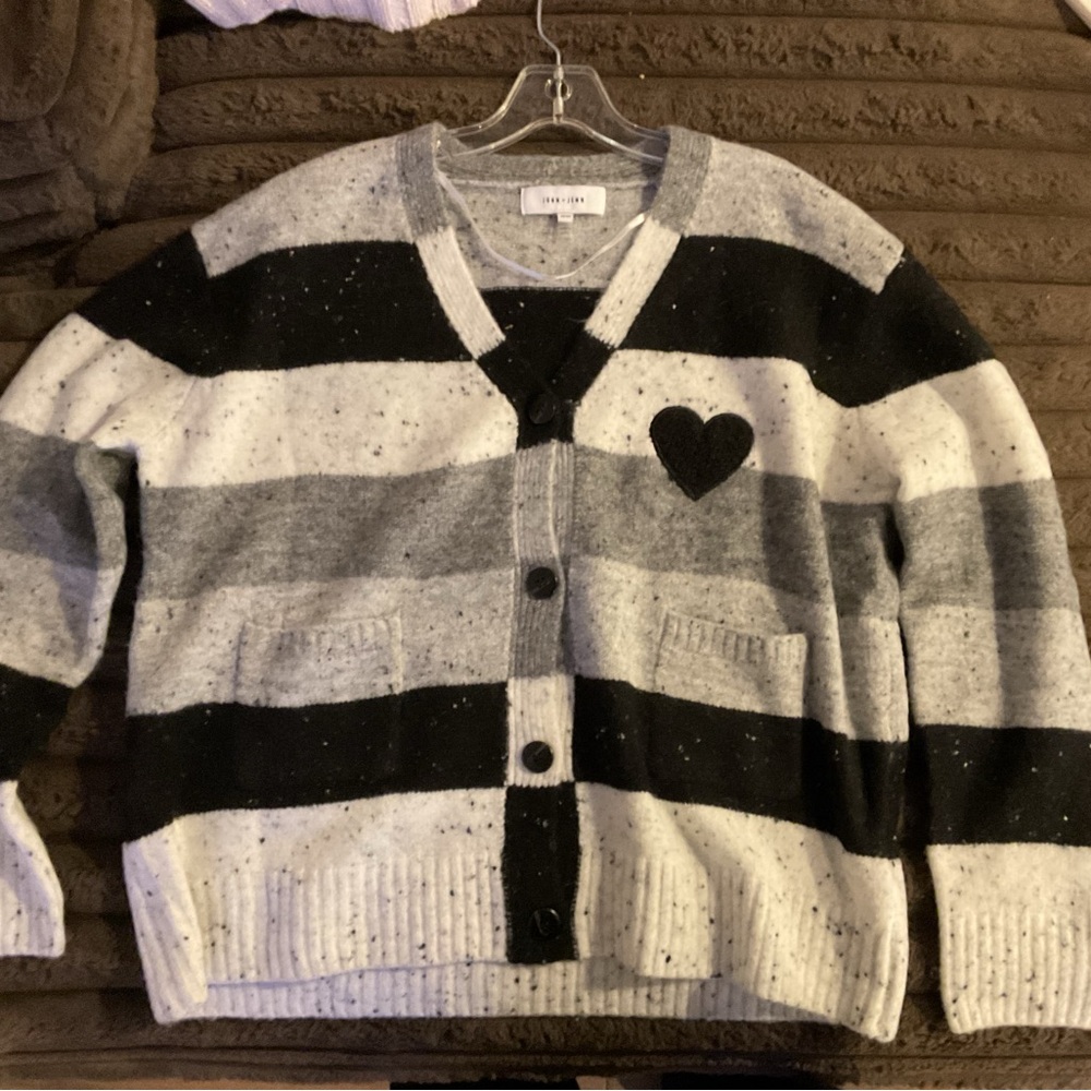 Striped Black and Gray Cardigan with Heart Patch